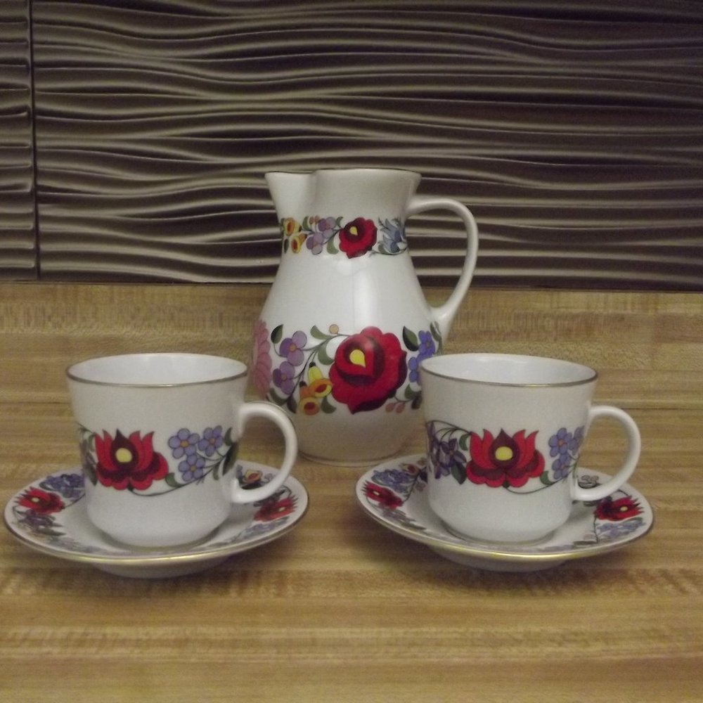 KALOCSA PORCELAIN COFFEE CUPS and PITCHER